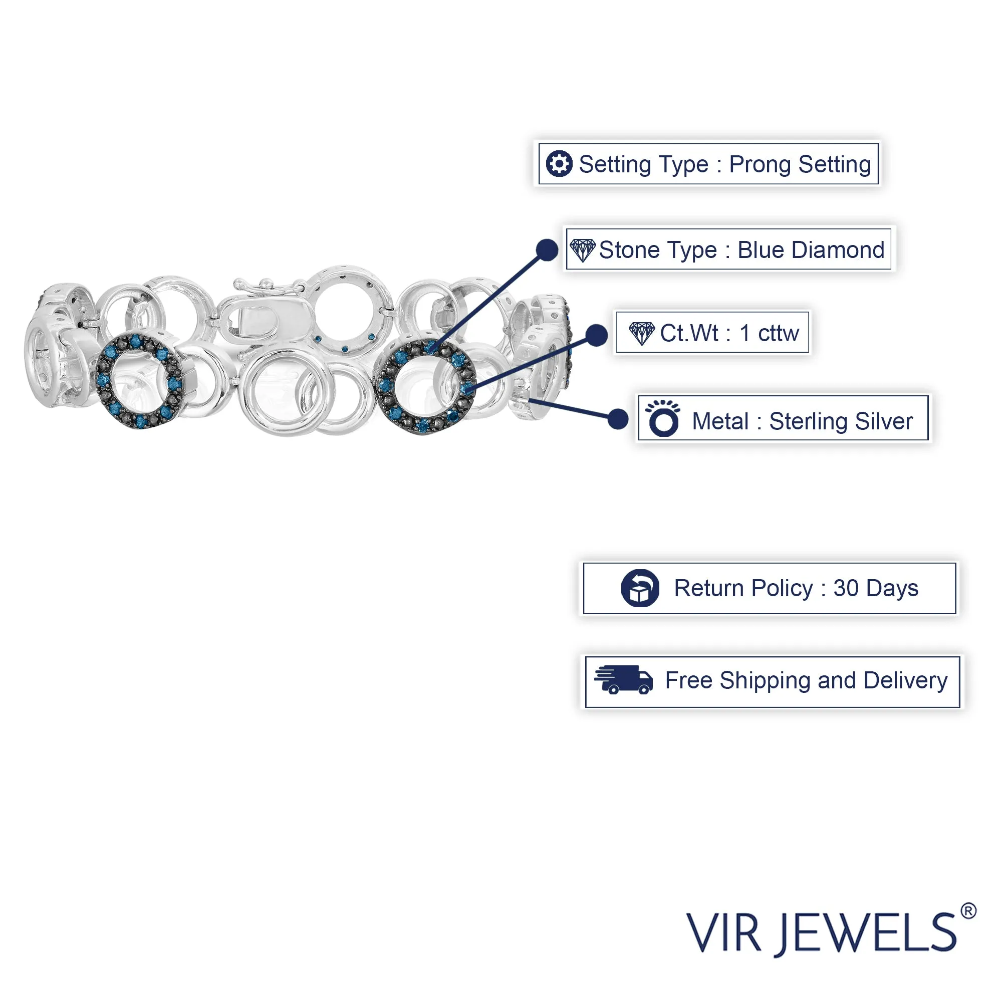 1 cttw Blue Diamond Tennis Bracelet .925 Sterling Silver With Rhodium Circle