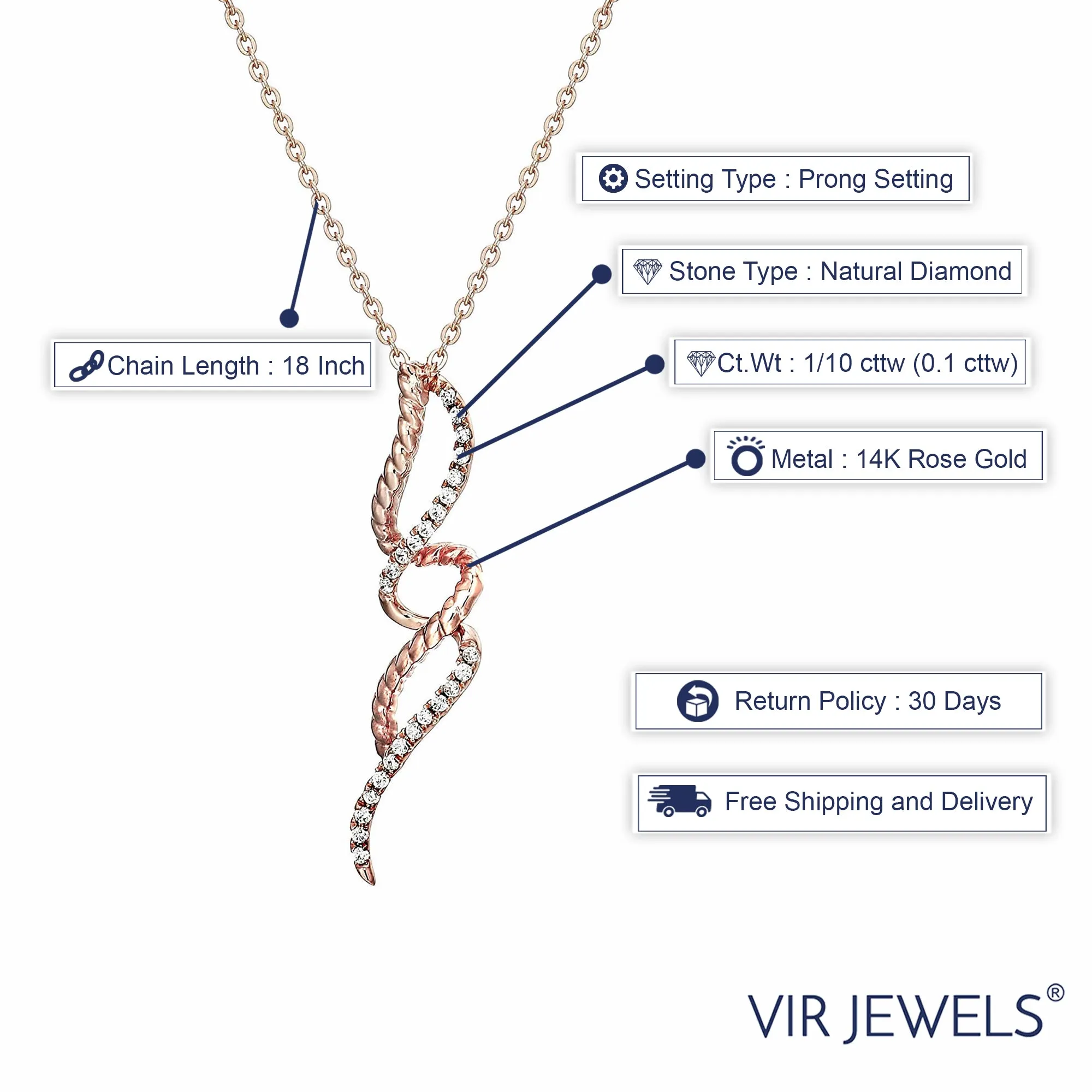 1/10 cttw Diamond Swirl Pendant Necklace 14K White and Rose Gold with Chain