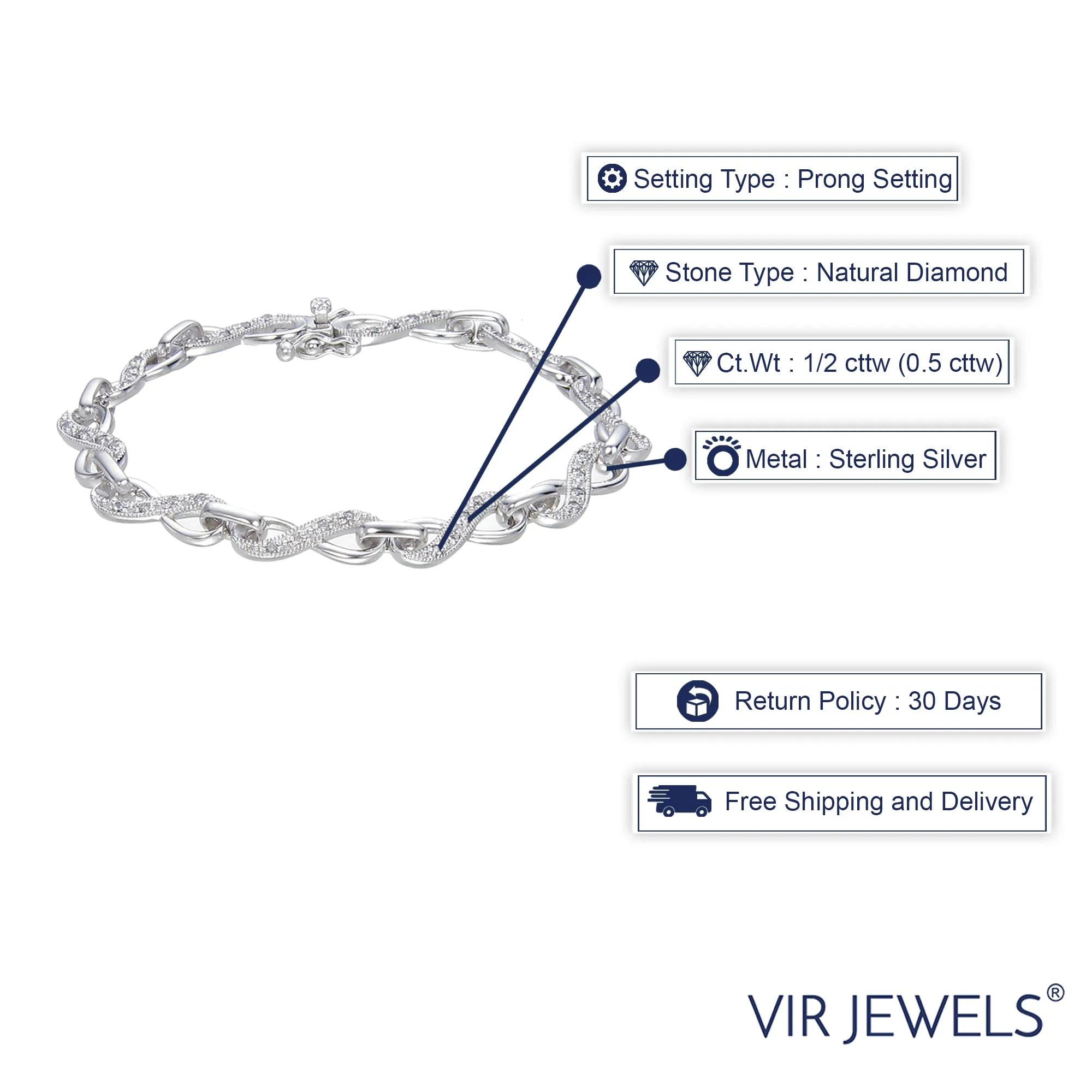 1/2 cttw Diamond Tennis Bracelet .925 Sterling Silver With Rhodium Infinity