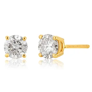 14ct Yellow Gold Diamond Stud Earrings with Appoximately 1 Carat of Diamonds Shiels