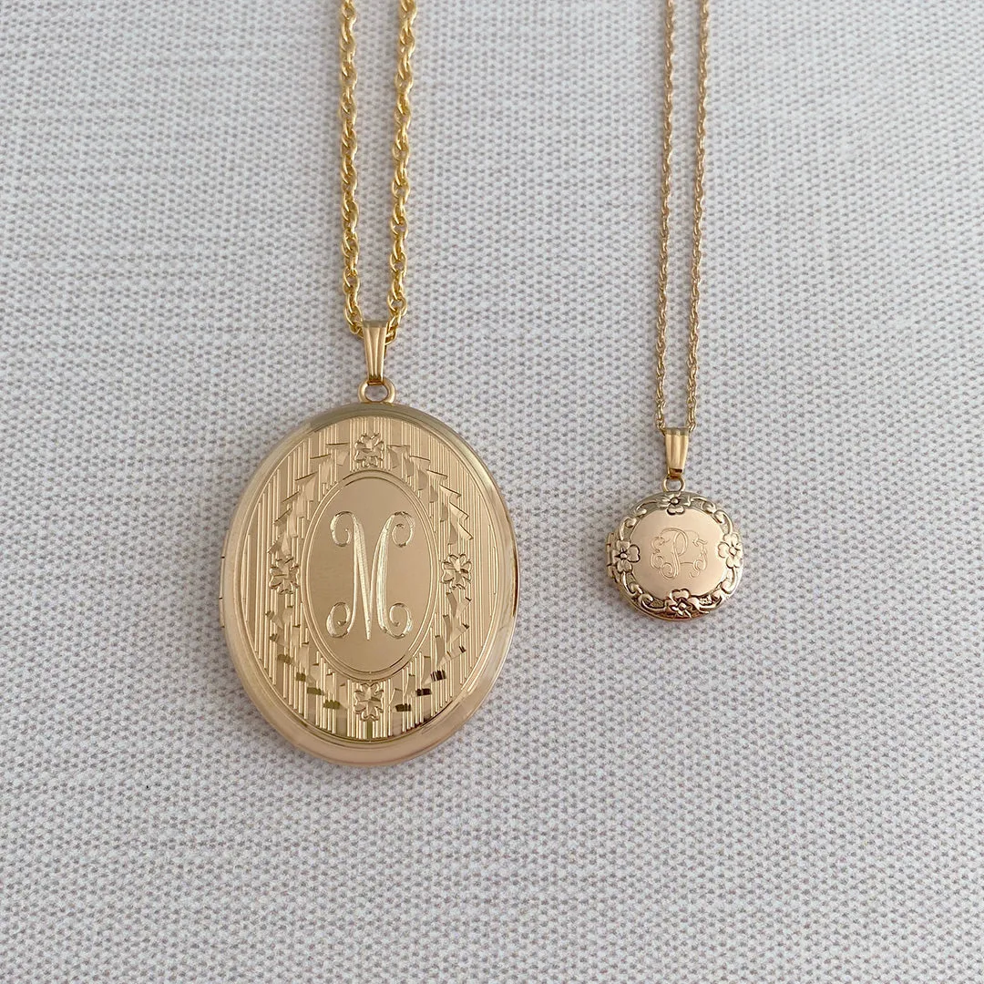 14K Gold-Filled Floral Signet 30x38mm Oval Locket Necklace Croghans