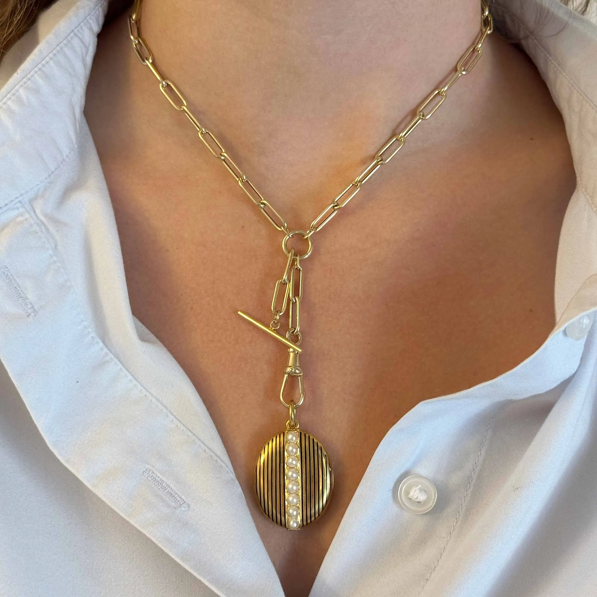 14K Gold Swivel Clip & T-Bar Drop Oblong Link Necklace Croghans