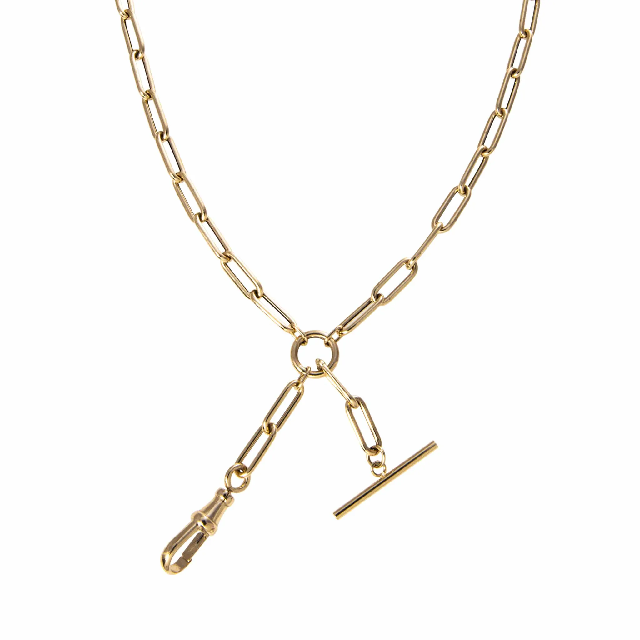 14K Gold Swivel Clip & T-Bar Drop Oblong Link Necklace Croghans