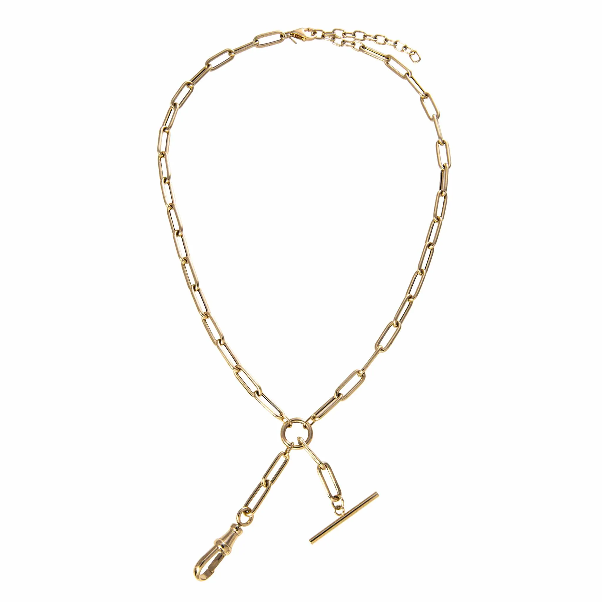 14K Gold Swivel Clip & T-Bar Drop Oblong Link Necklace Croghans