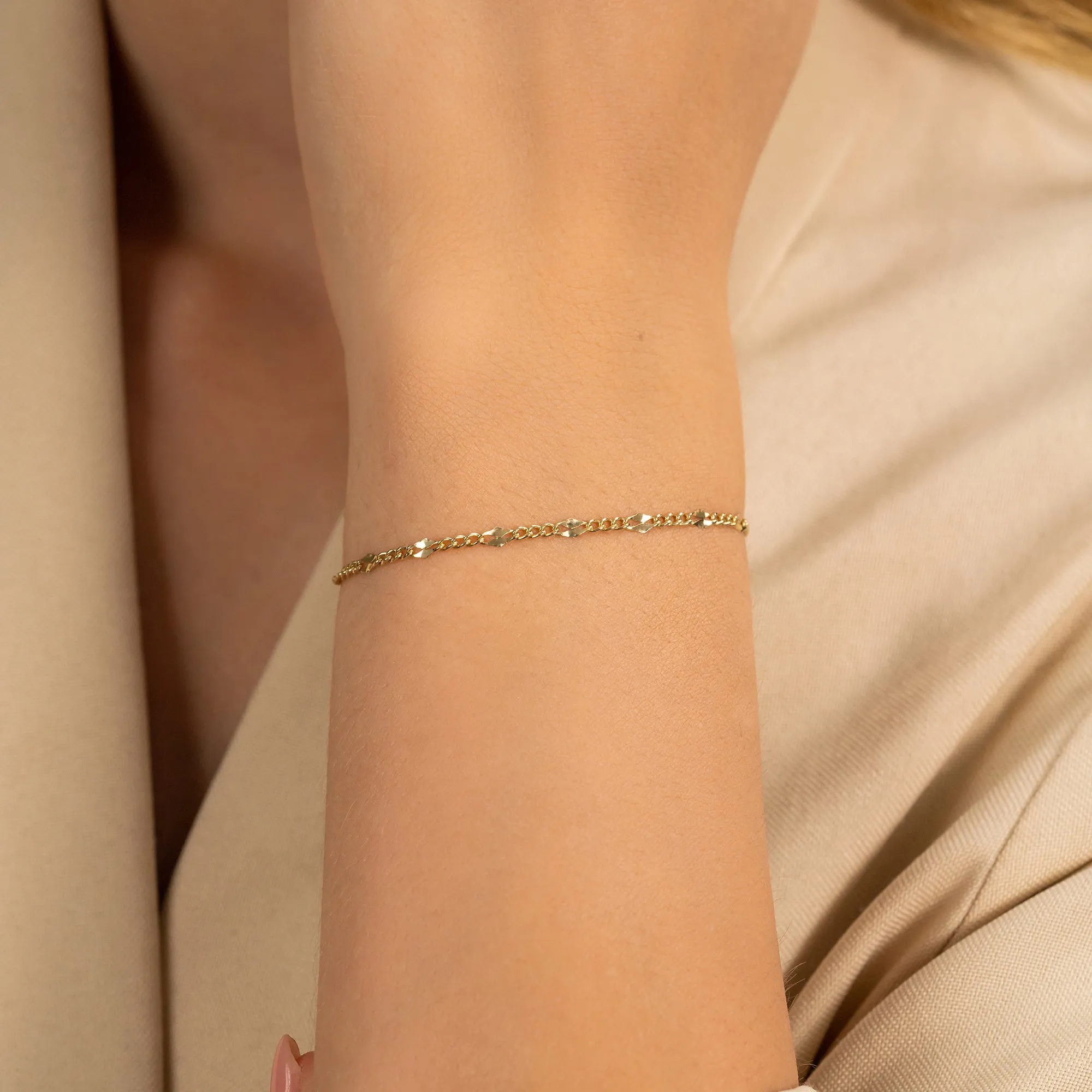 14k Solid Gold Dainty Chain Bracelet - 2 mm, Gloria SARAHELISE