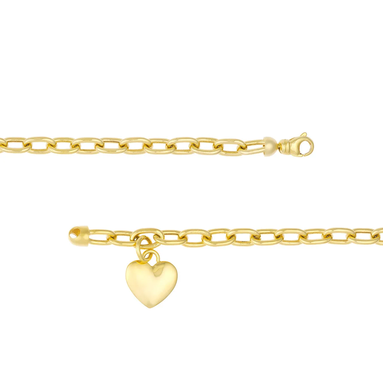 14K Yellow Gold Heart Charm Oval Rolo Link Bracelet