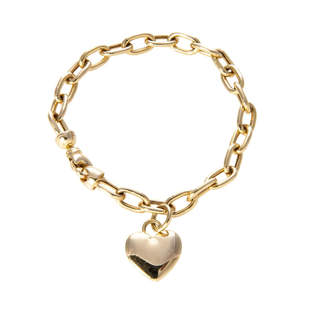 14K Yellow Gold Heart Charm Oval Rolo Link Bracelet