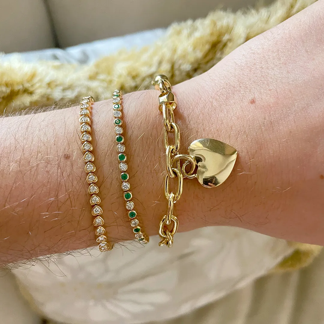 14K Yellow Gold Heart Charm Oval Rolo Link Bracelet