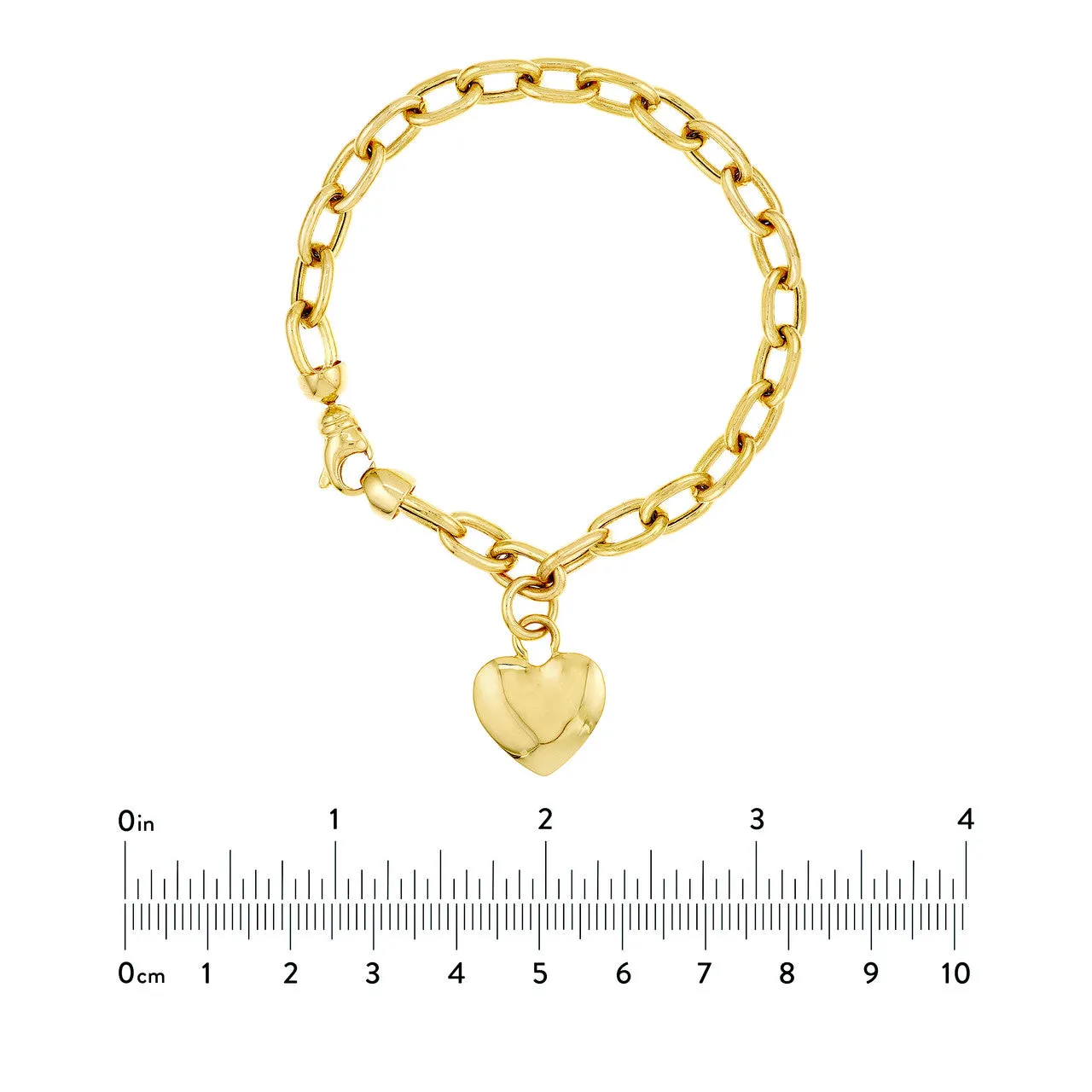 14K Yellow Gold Heart Charm Oval Rolo Link Bracelet