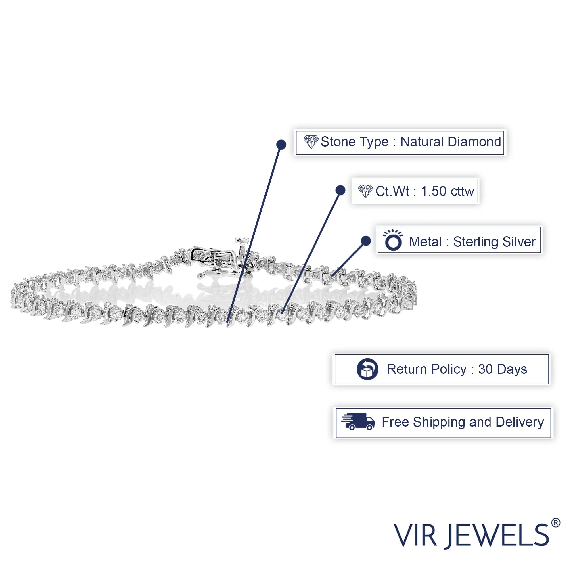 1.50 cttw Diamond Bracelet .925 Sterling Silver Classic S-Link Round 7 Inch