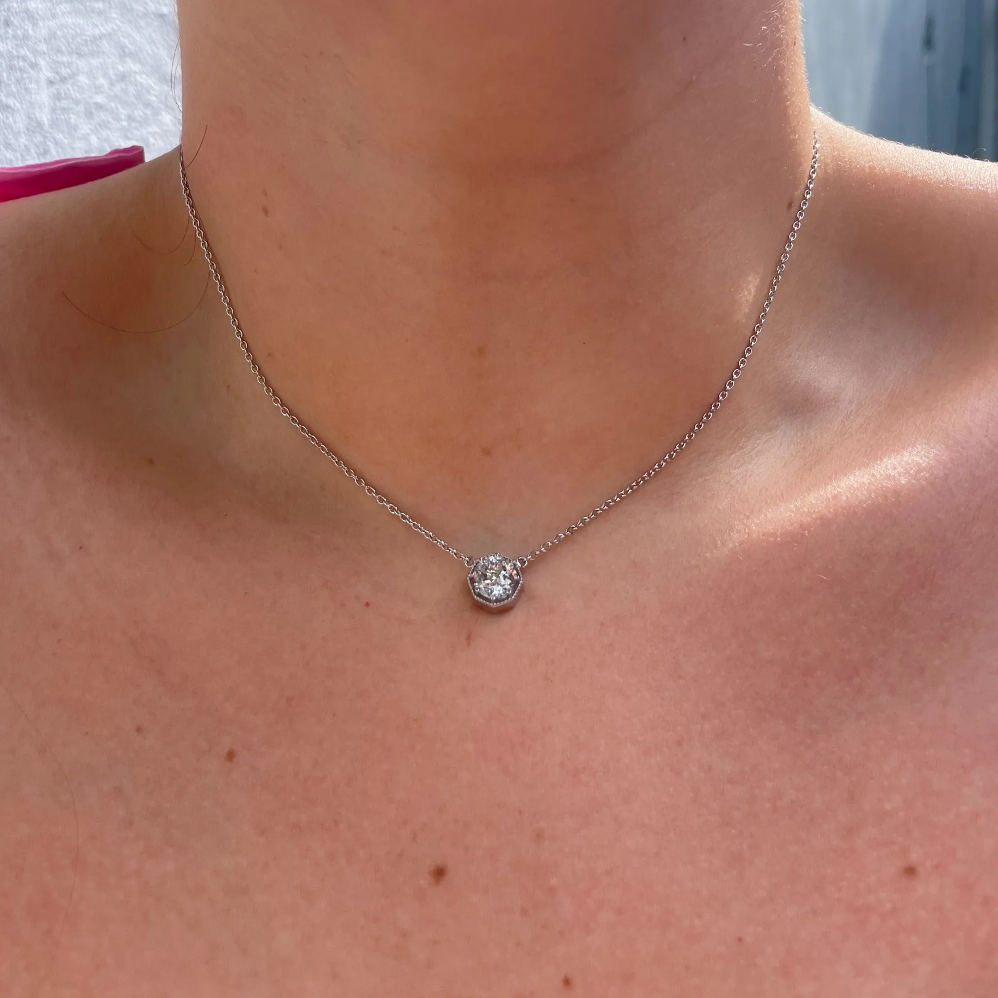 1.51ctw Round Brilliant Diamond 14K White Gold Milgrain Pendant Necklace Croghans