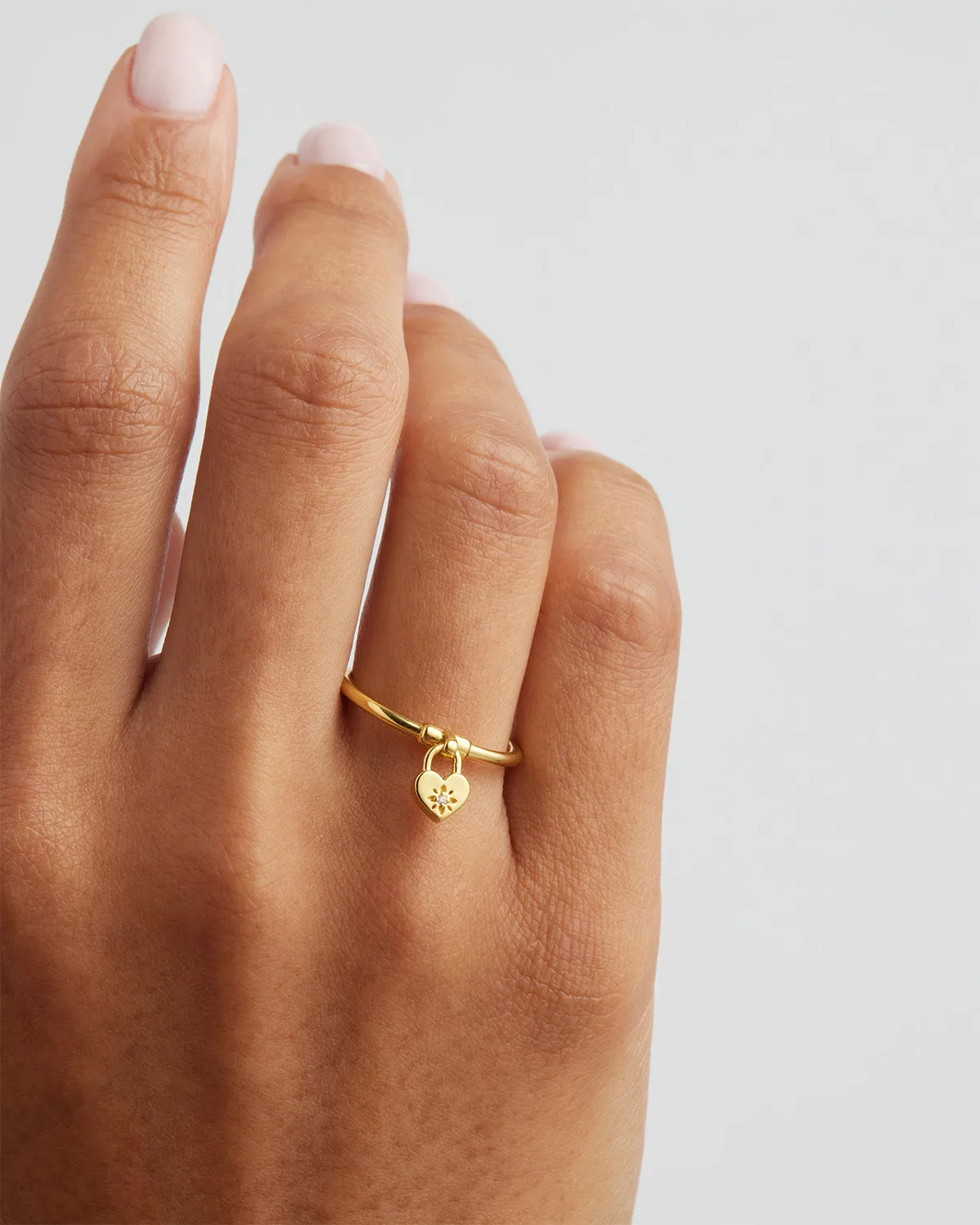 18k Gold Vermeil Crystal Lotus Heart Padlock Ring Bycharlotte