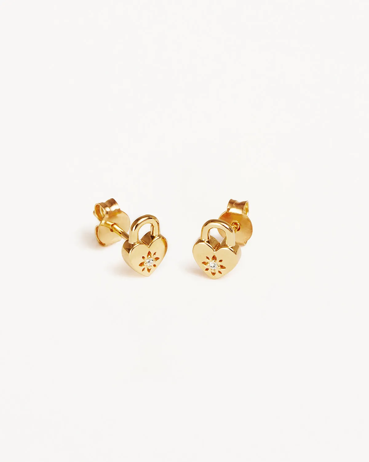 18k Gold Vermeil Crystal Lotus Heart Padlock Stud Earrings Bycharlotte