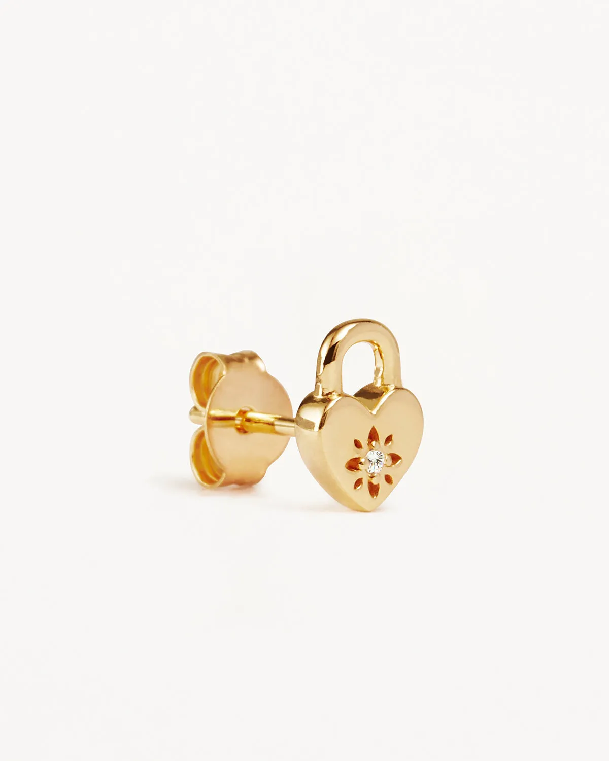 18k Gold Vermeil Crystal Lotus Heart Padlock Stud Earrings Bycharlotte