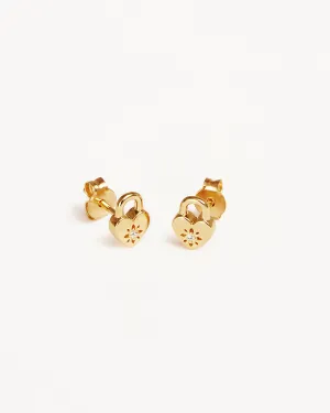 18k Gold Vermeil Crystal Lotus Heart Padlock Stud Earrings Bycharlotte