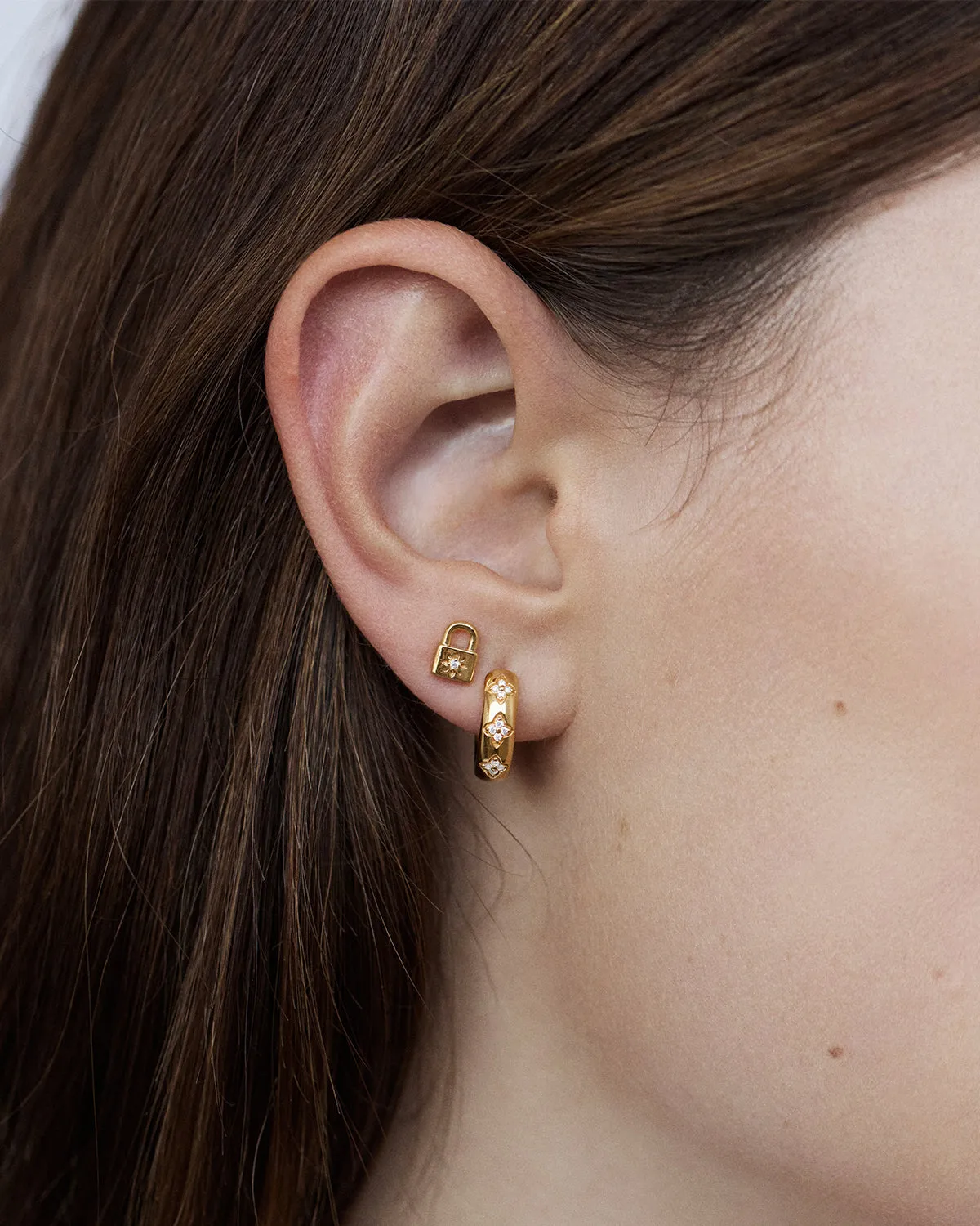 18k Gold Vermeil Crystal Lotus Padlock Stud Earrings Bycharlotte