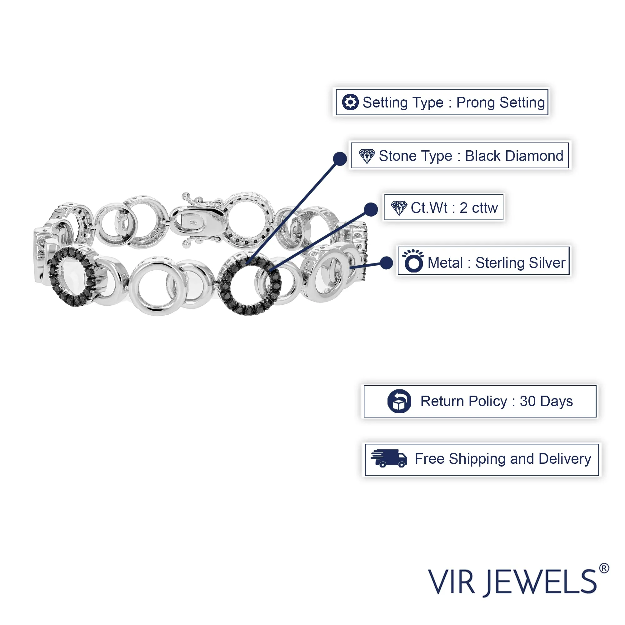 2 cttw Black Diamond Tennis Bracelet .925 Sterling Silver With Rhodium Circle
