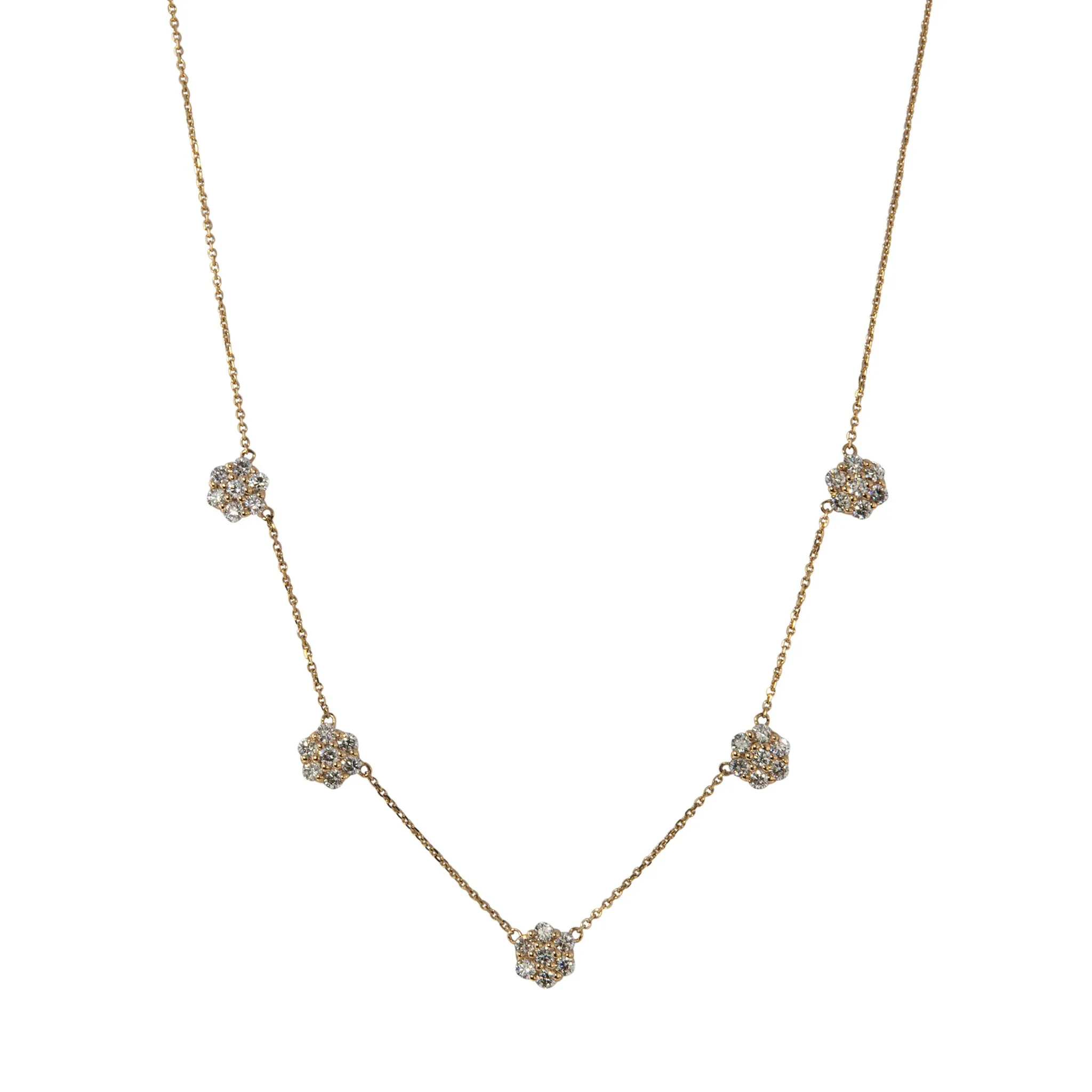 2ct Diamond Flower Cluster 5 Station 14K Yellow Gold Necklace Croghans