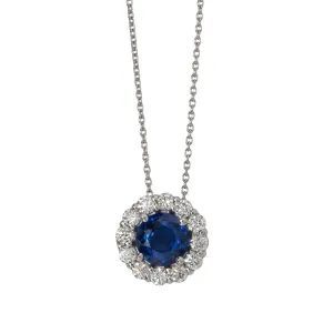2ct Sapphire & Diamond Halo 18K White Gold Pendant Necklace Croghans