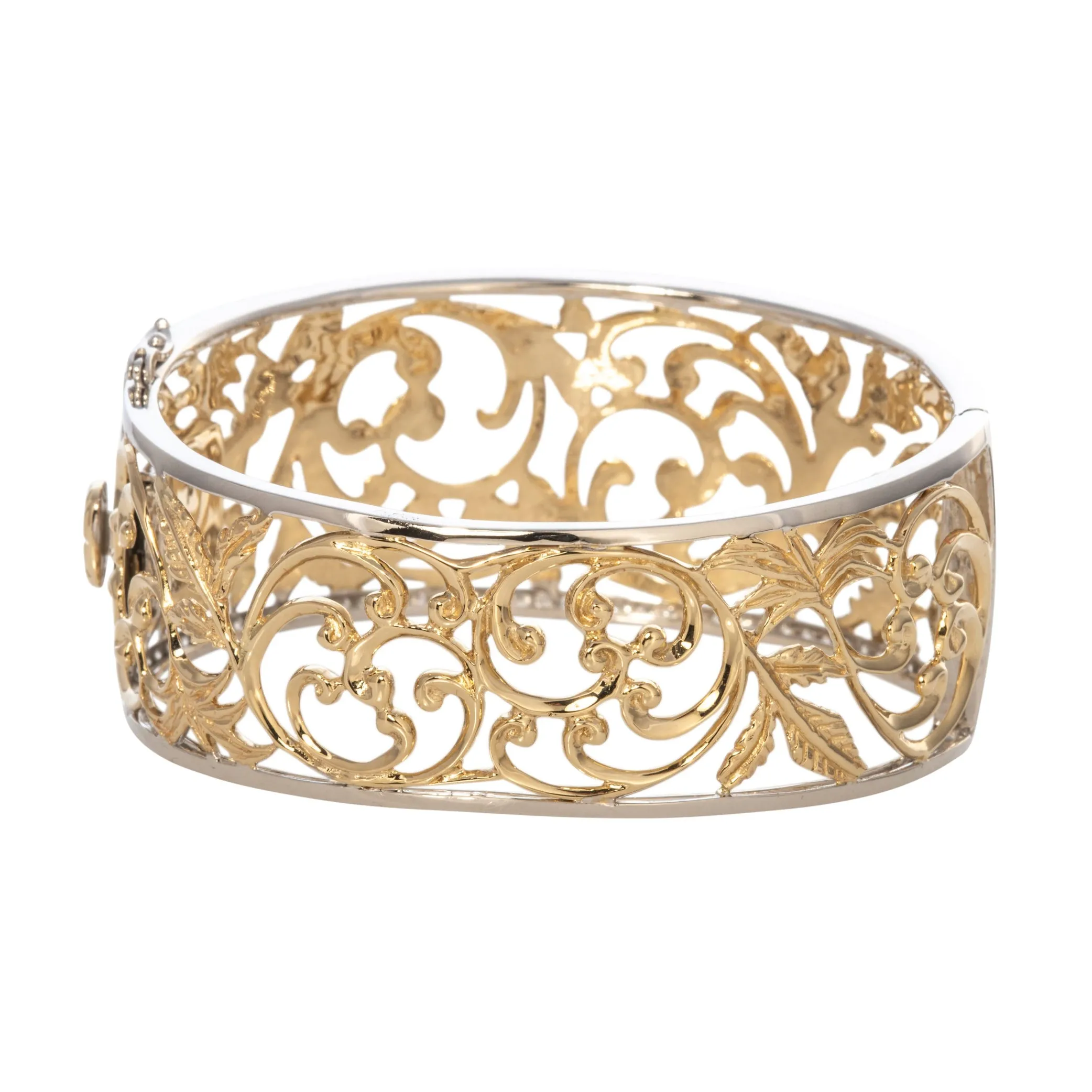 2ctw Diamond Trim 14K Gold Openwork Scroll Cuff Bangle