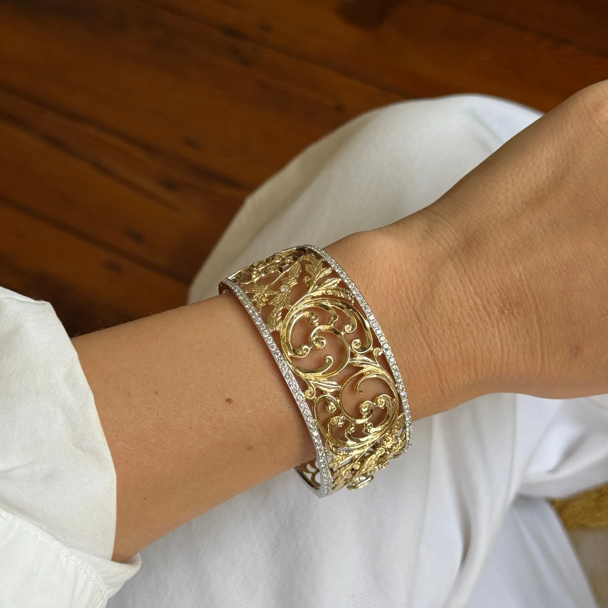 2ctw Diamond Trim 14K Gold Openwork Scroll Cuff Bangle