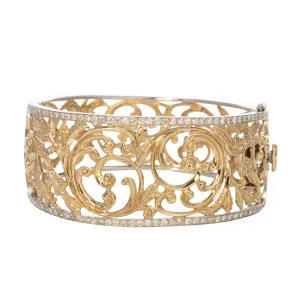 2ctw Diamond Trim 14K Gold Openwork Scroll Cuff Bangle