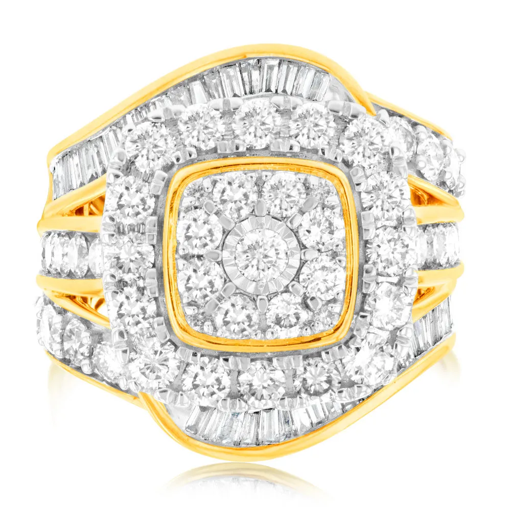 3 Carat Diamond Ring with Brilliant and Tapered Baguette Diamonds in 9ct Yellow Gold Shiels