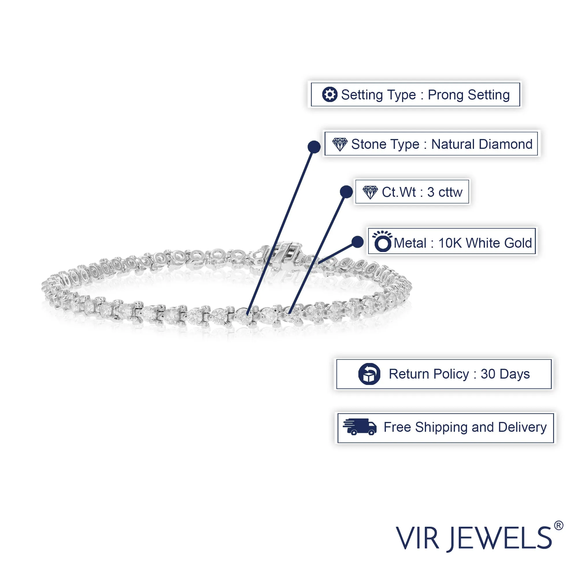 3 cttw SI2-I1 Diamond Bracelet 10K White Gold 3 Prong Classic Round 7 Inch