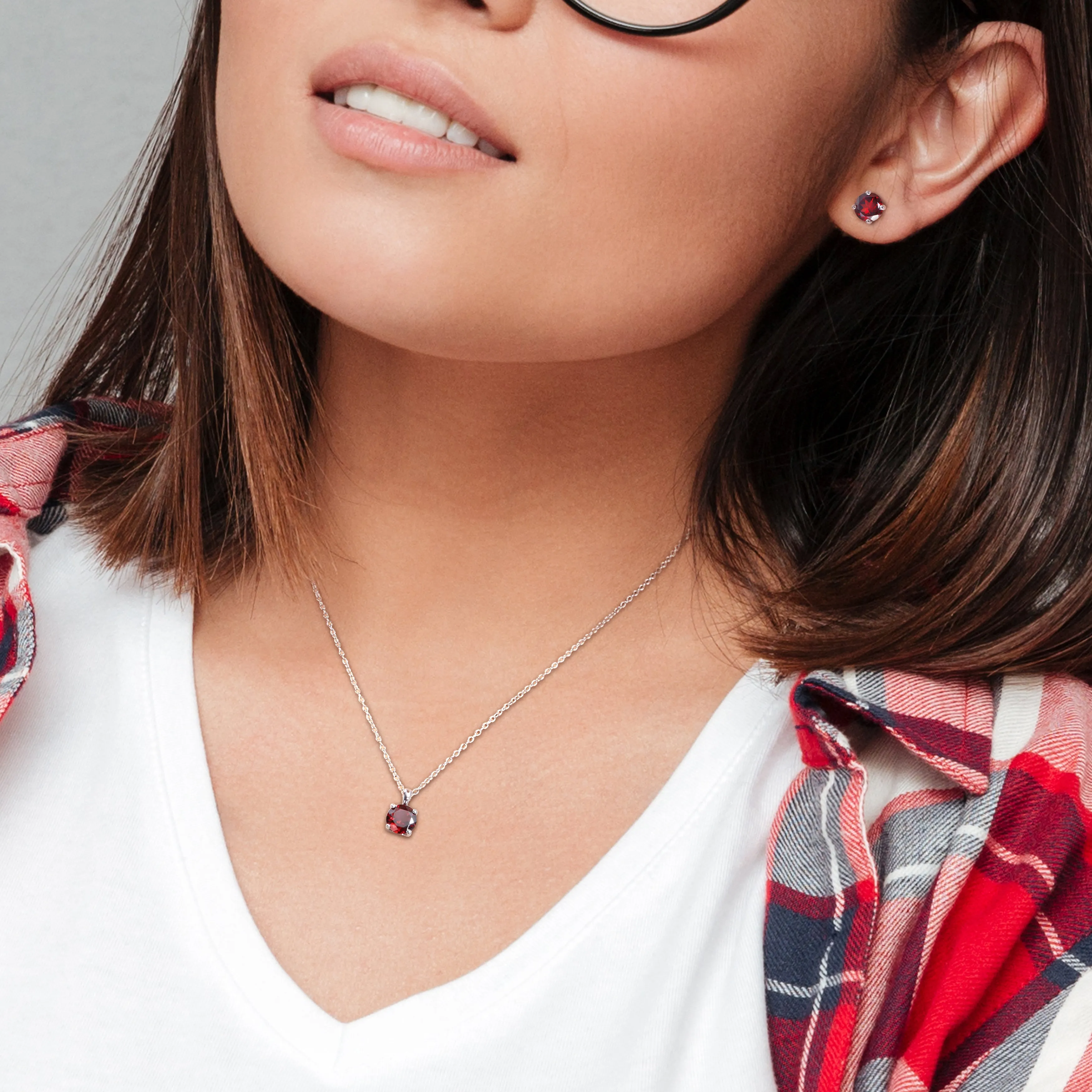 4 4/5 CT TGW Garnet Solitaire Stud Earring and Pendant with chain Set in Sterling Silver