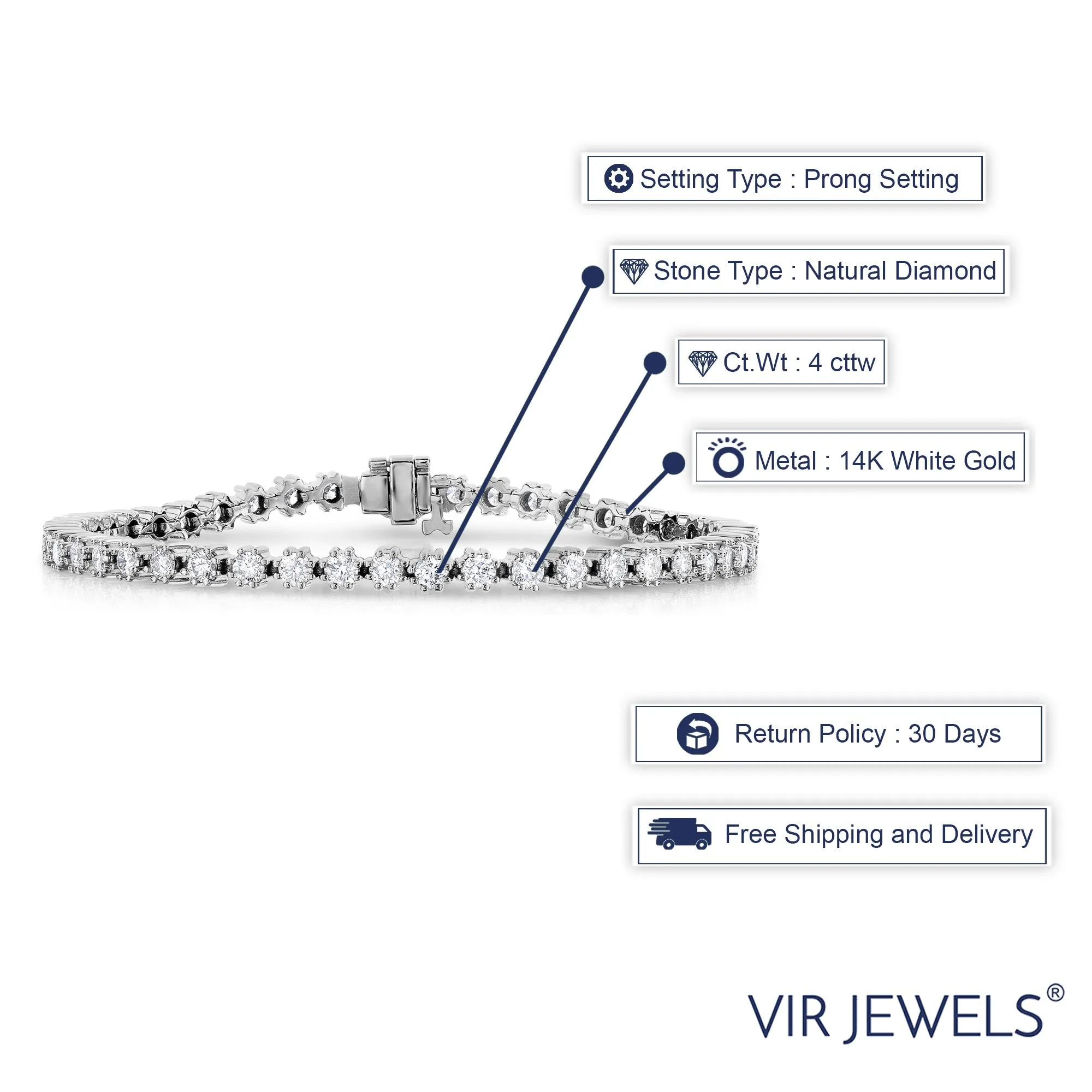 4 cttw Diamond Tennis Bracelet 14K White Gold Classic 8 Prong Round 7 Inch