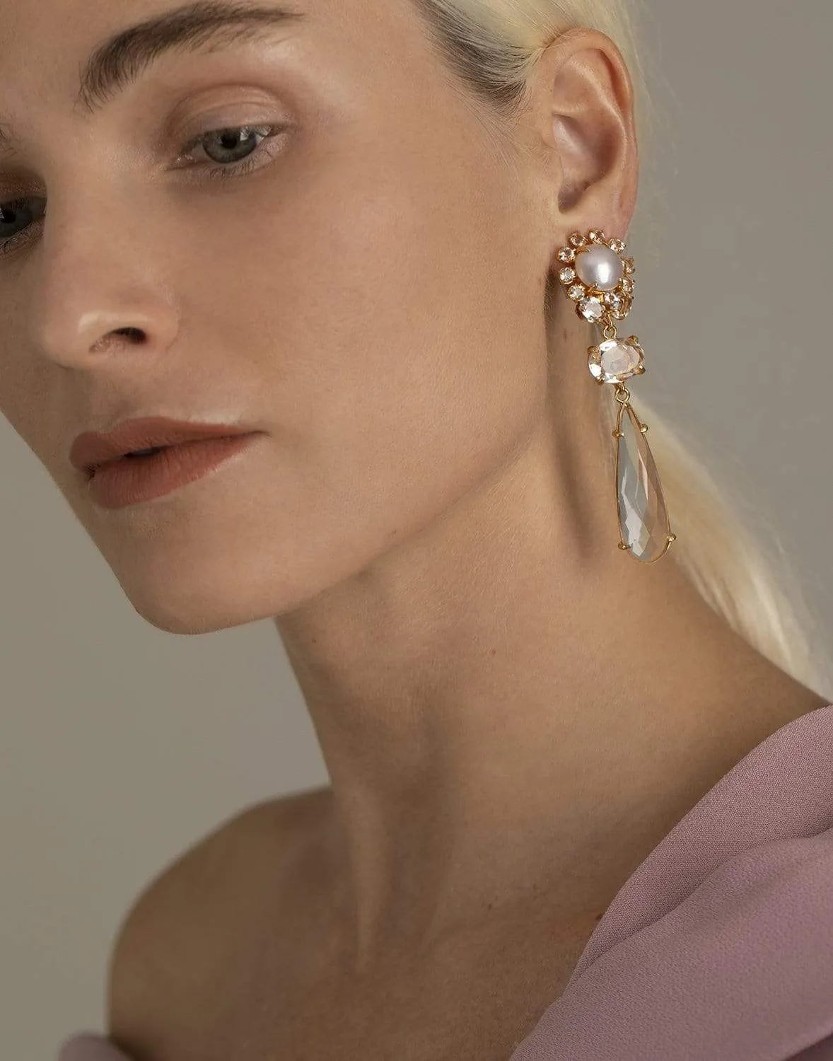 4-in-1 Pearl Lemon Quartz & Clear Quartz Earrings