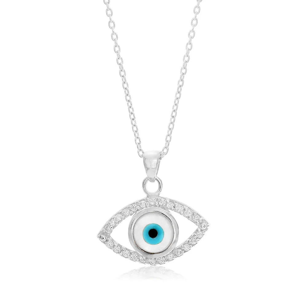 45cm Sterling Silver Zirconia Evil Eye Pendant on Sterling Silver Chain Shiels