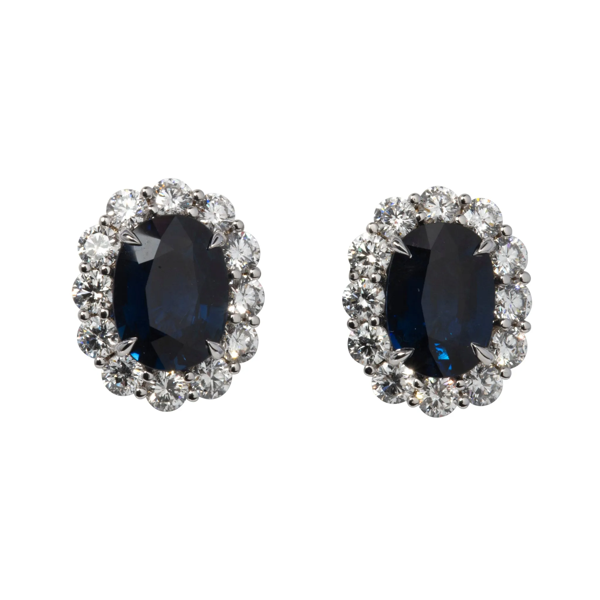 6.34ct Oval Sapphire & 2.64ct Diamond Cluster 18K Gold Earrings Croghans