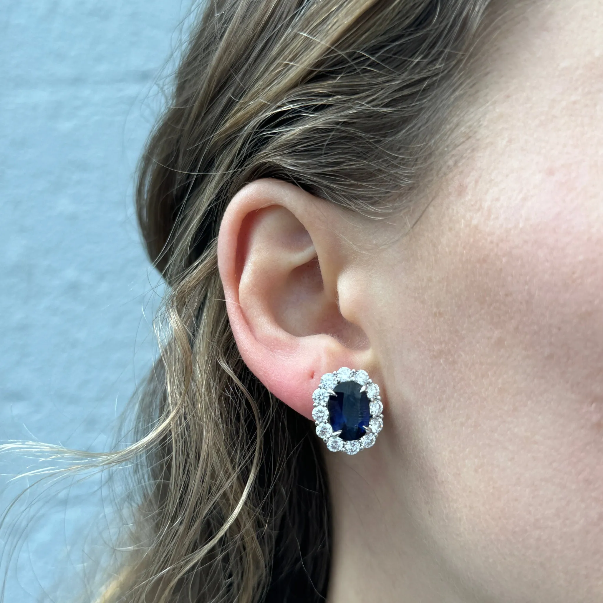 6.34ct Oval Sapphire & 2.64ct Diamond Cluster 18K Gold Earrings Croghans