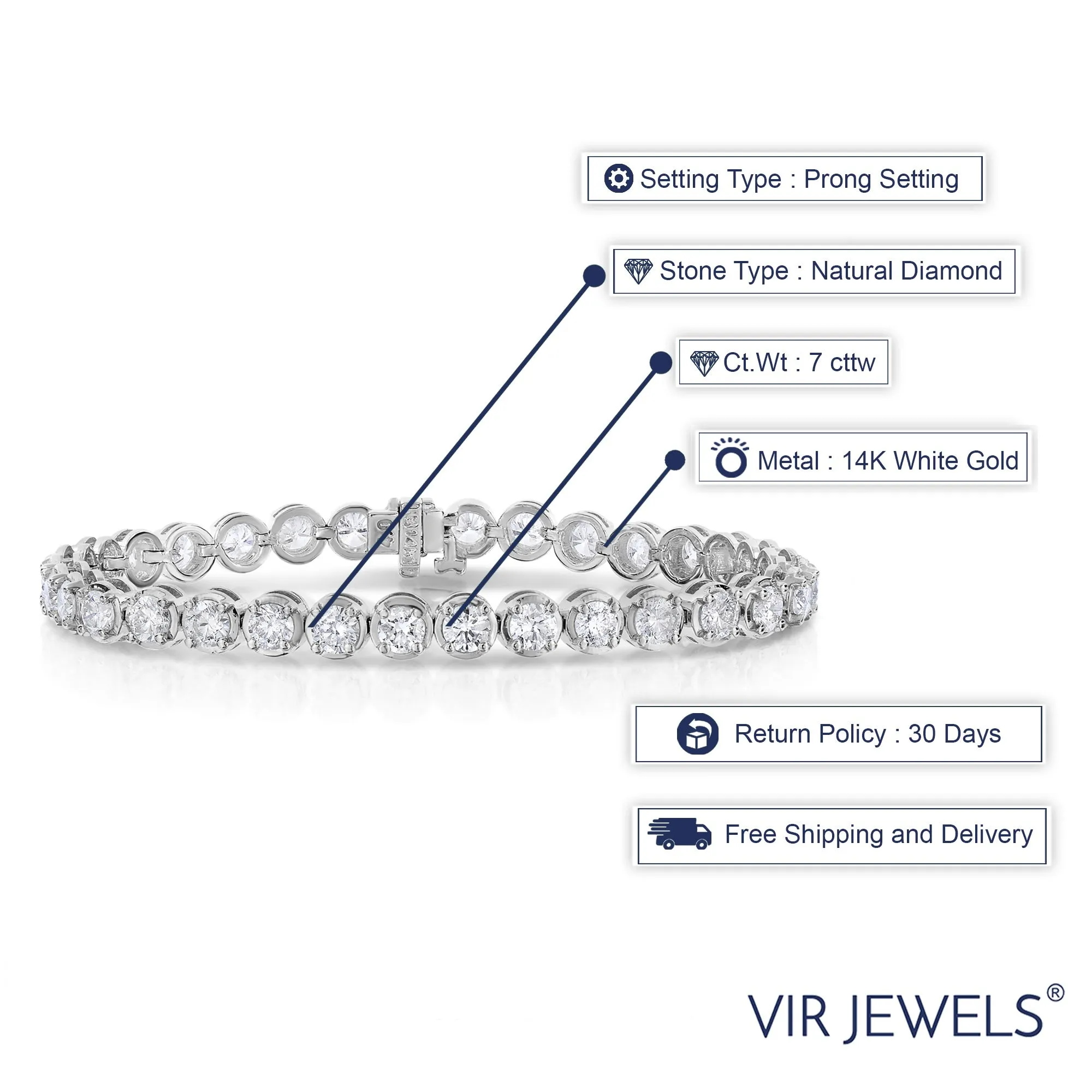 7 cttw I1-I2 Certified Diamond Bracelet 18K White Gold I-J Tennis Round 7 Inch