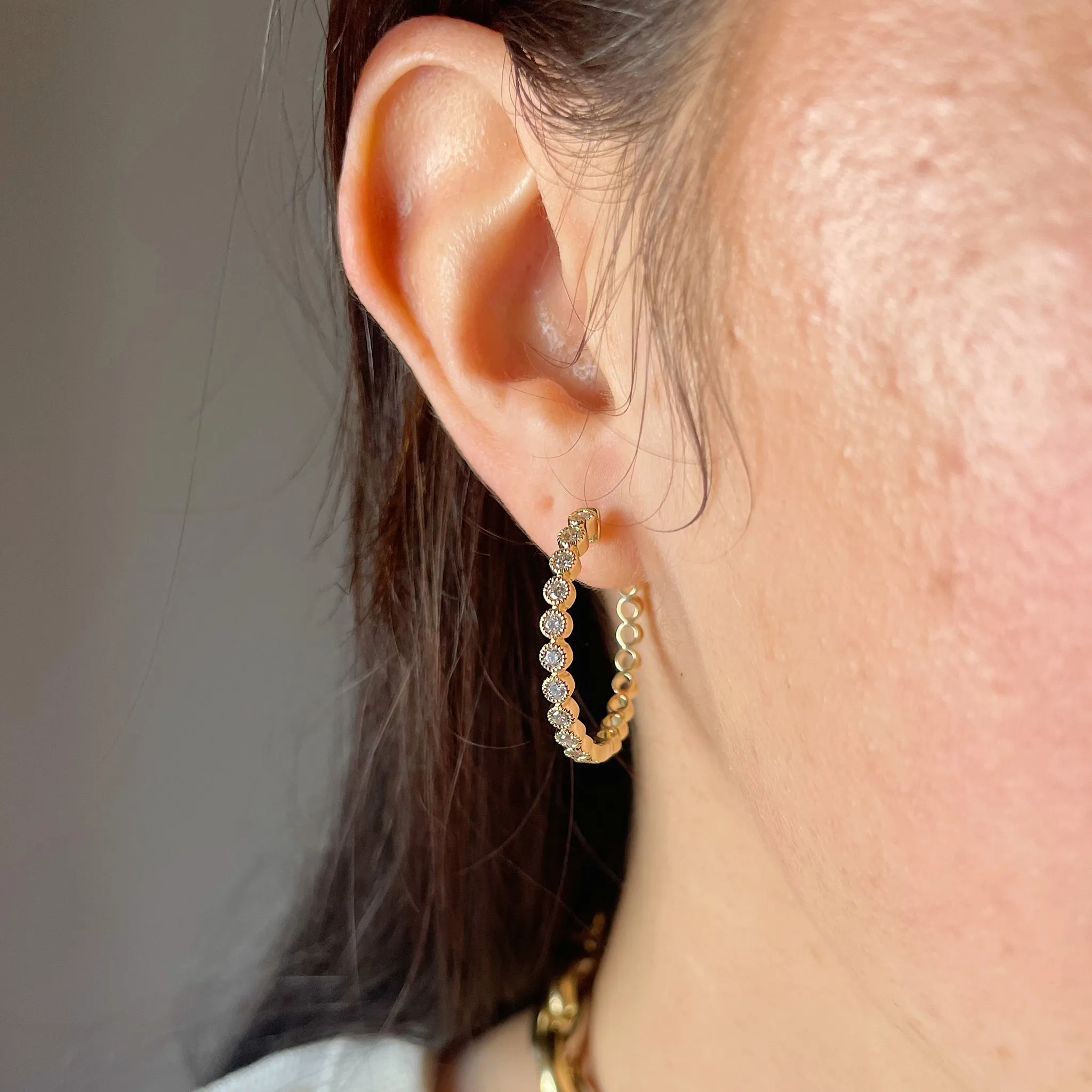 .70ctw Diamond Milgrain Bezel 14K Yellow Gold Hoop Earrings Croghans