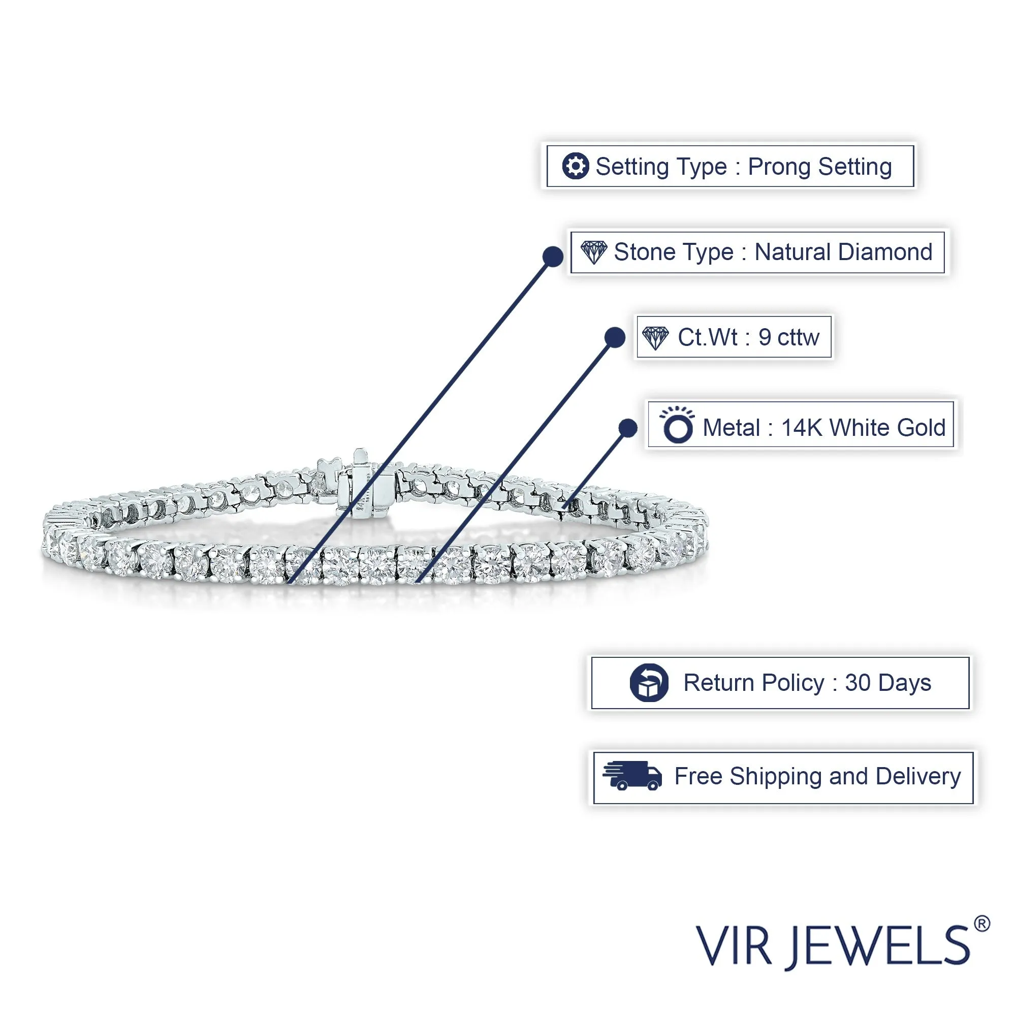 9 cttw Diamond Tennis Bracelet 14K White Gold Classic Round Prong Set 7 Inch