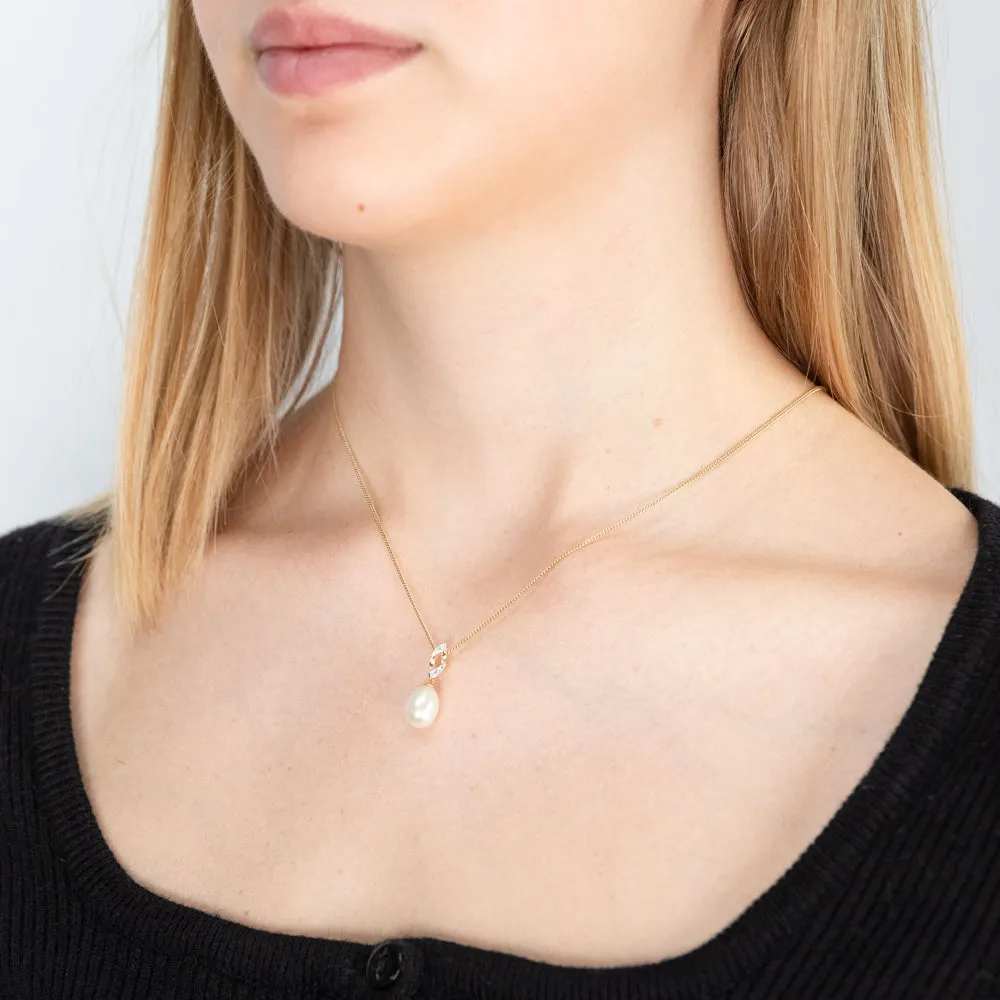 9ct Alluring Yellow Gold 9mm Freshwater Pearl and Diamond Pendant Shiels