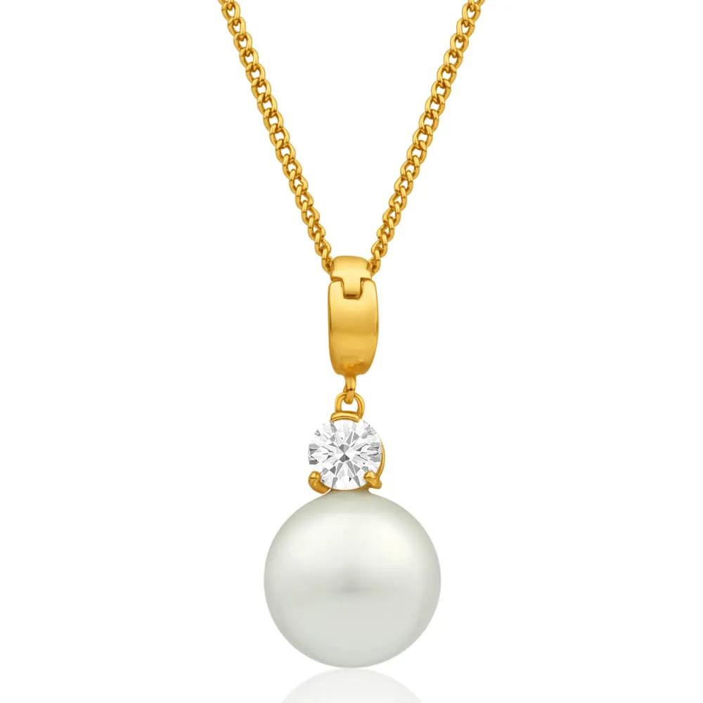 9ct Alluring Yellow Gold Cubic Zirconia and 12mm Simulated Pearl Pendant Shiels