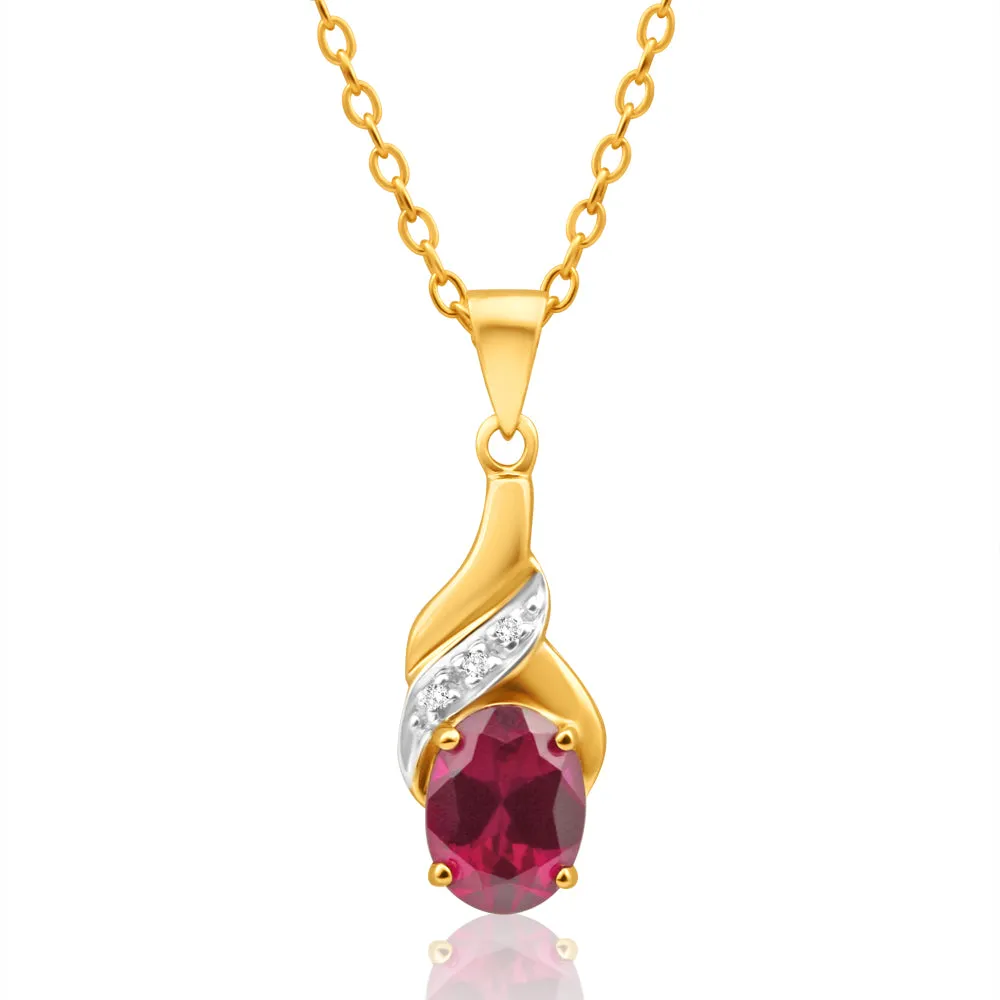 9ct Delightful Yellow Gold Created Ruby 8x6mm   Diamond Pendant Shiels