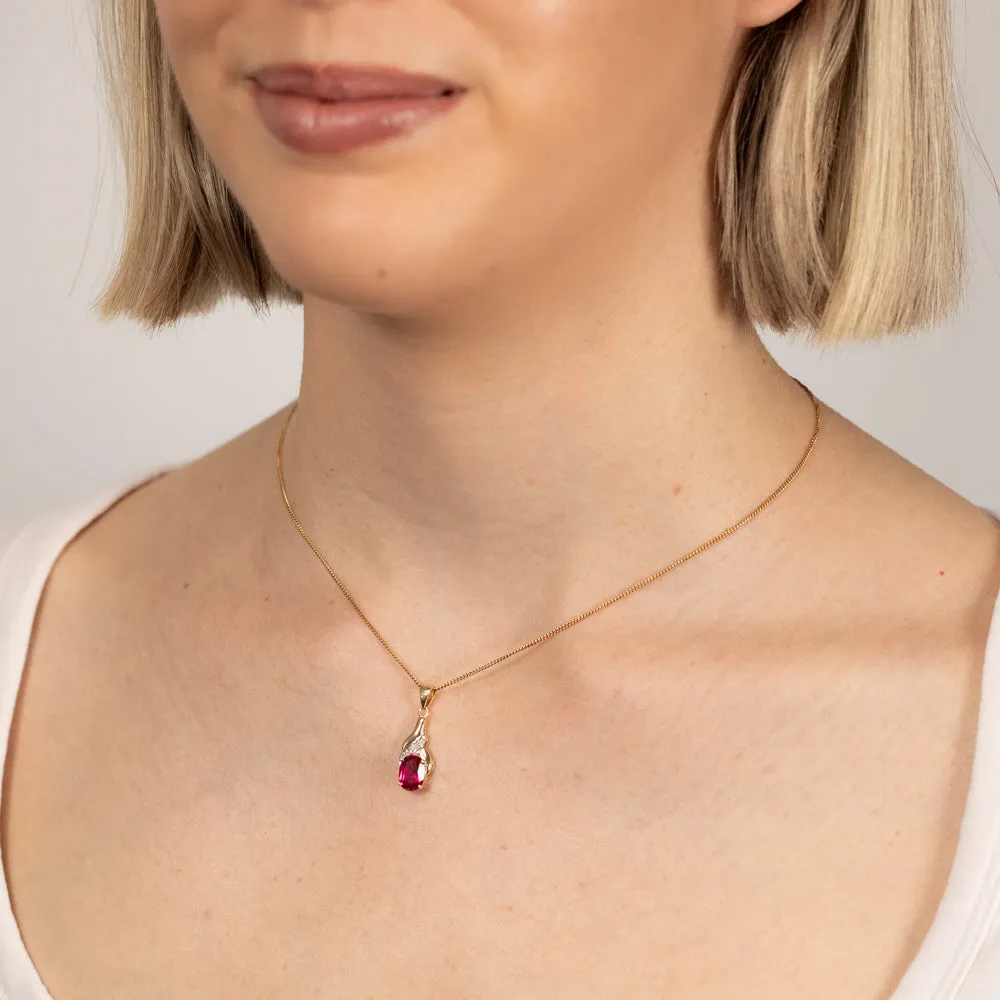 9ct Delightful Yellow Gold Created Ruby 8x6mm   Diamond Pendant Shiels