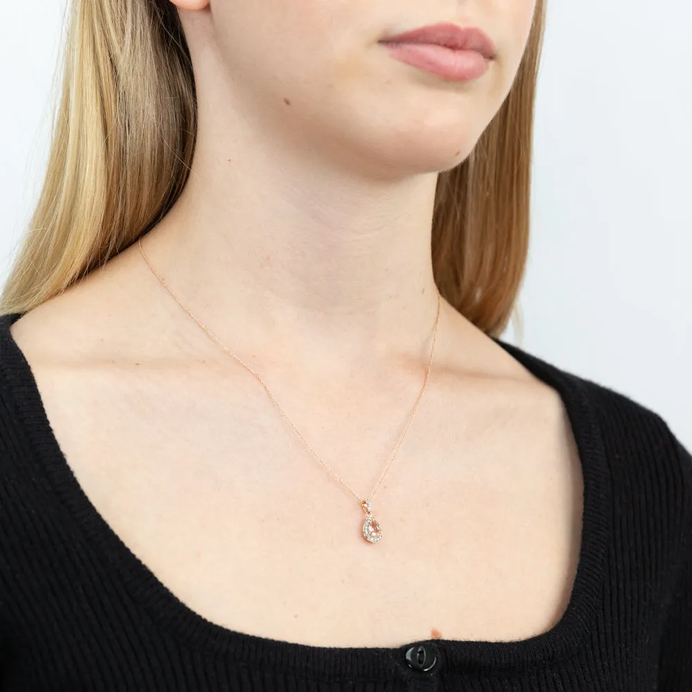9ct Rose Gold Morganite Pear and 0.15 Carat Diamond Pendant on 45cm Chain Shiels