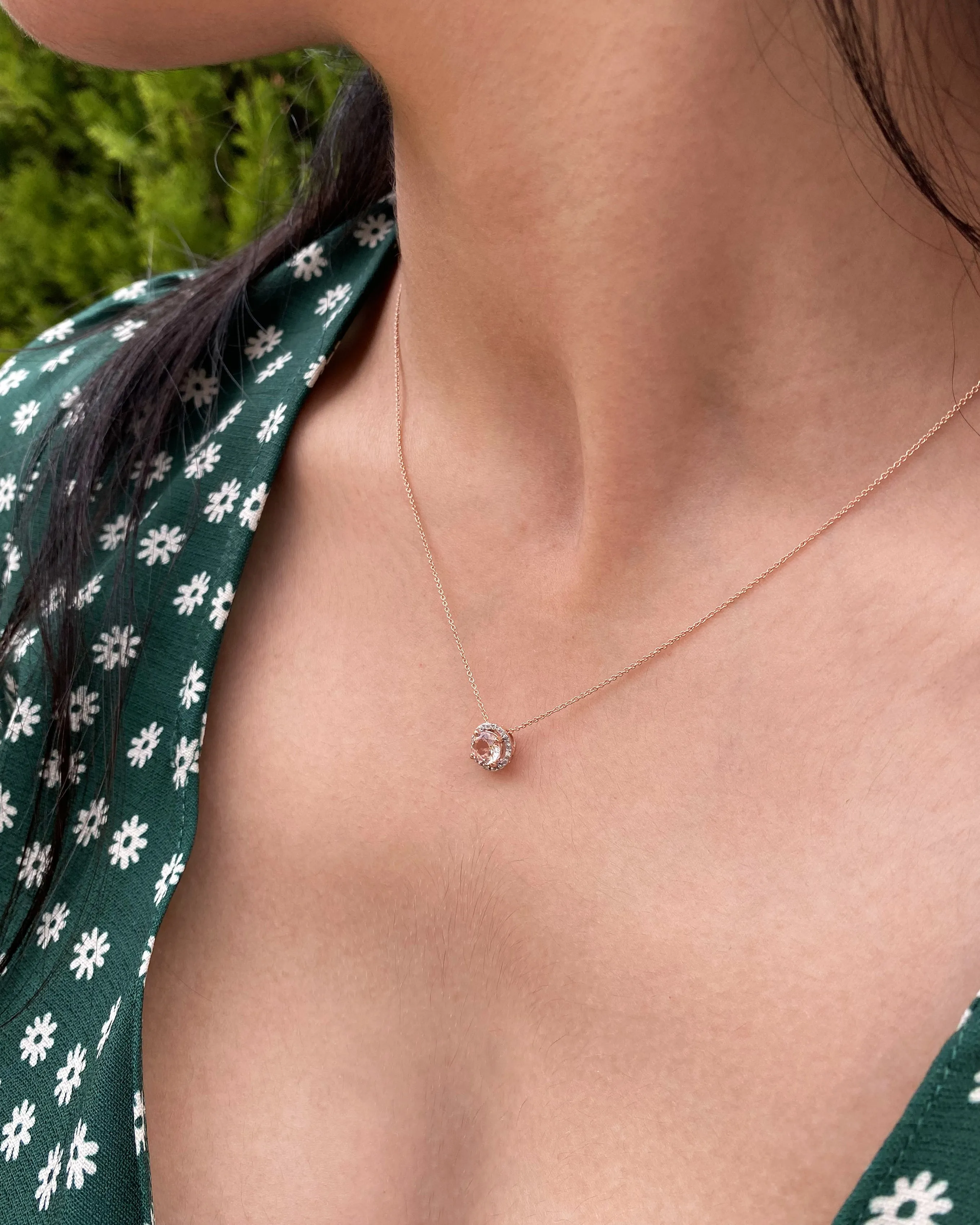 9ct Rose Gold Morganite with Diamond Halo Pendant on 45cm Chain Shiels
