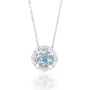 9ct White Gold 0.45ct Aquamarine and Diamond Halo Pendant on 45cm Chain Shiels