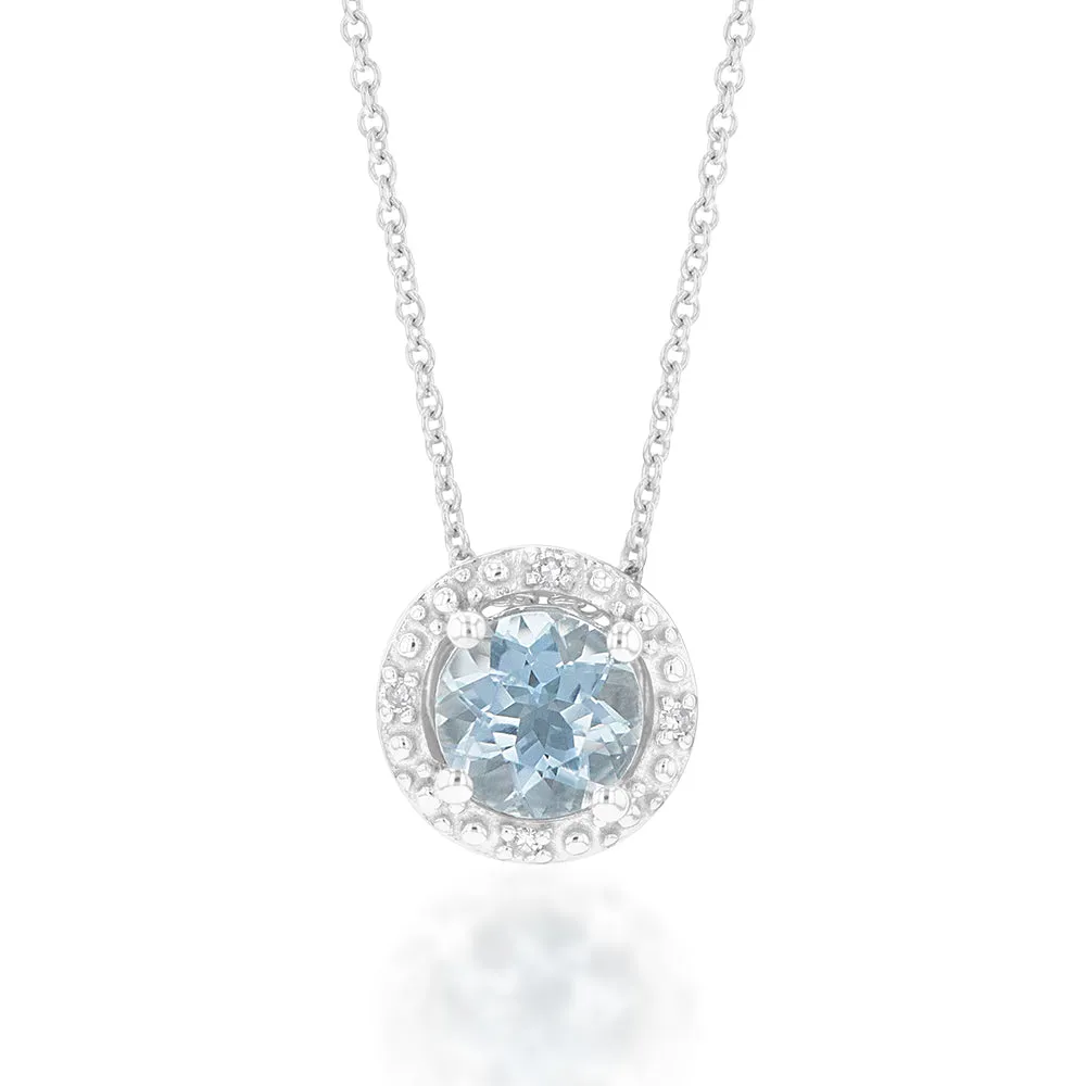 9ct White Gold 0.45ct Aquamarine and Diamond Halo Pendant on 45cm Chain Shiels