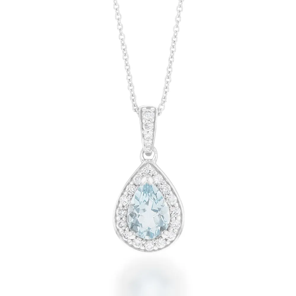 9ct White Gold 0.65ct Aquamarine and 0.15ct Diamond Pear Pendant on 45cm Chain Shiels
