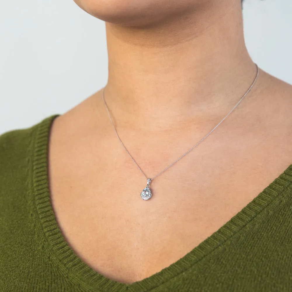9ct White Gold 0.65ct Aquamarine and 0.15ct Diamond Pear Pendant on 45cm Chain Shiels