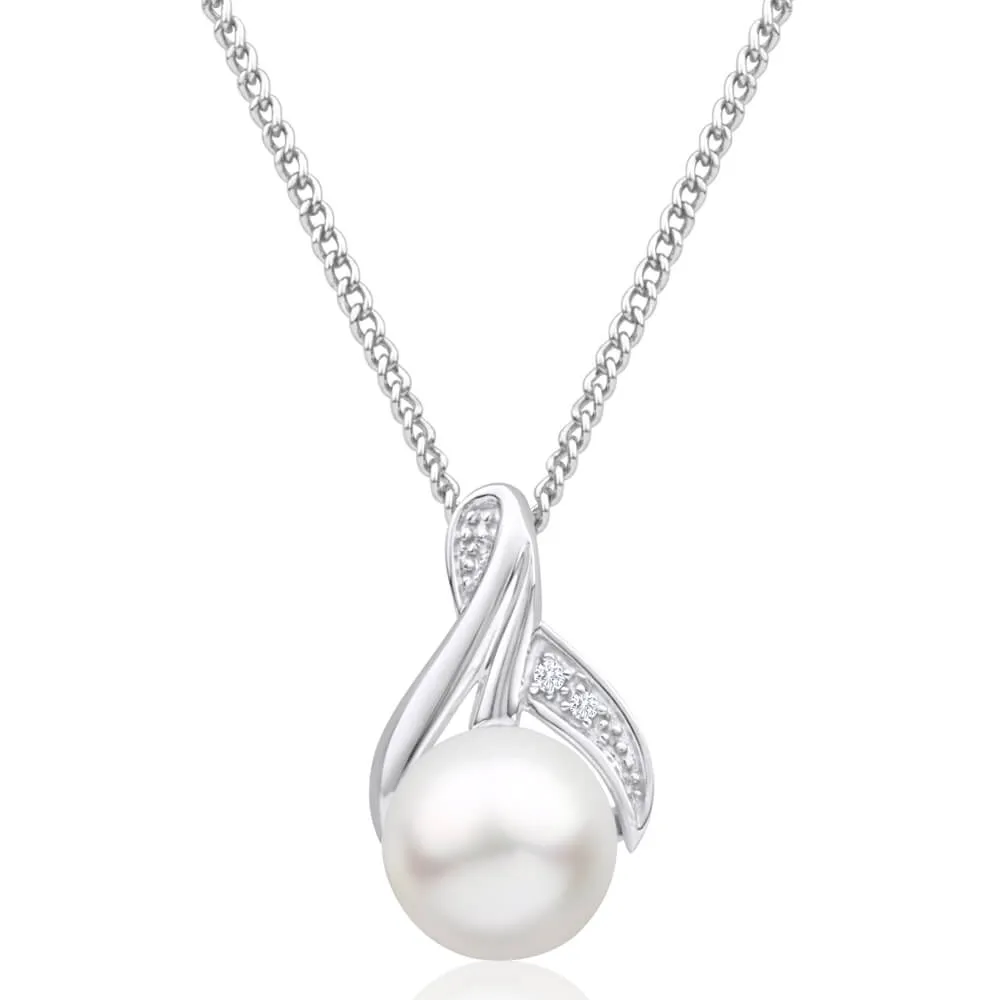 9ct White Gold Freshwater Pearl and Diamond Pendant Shiels