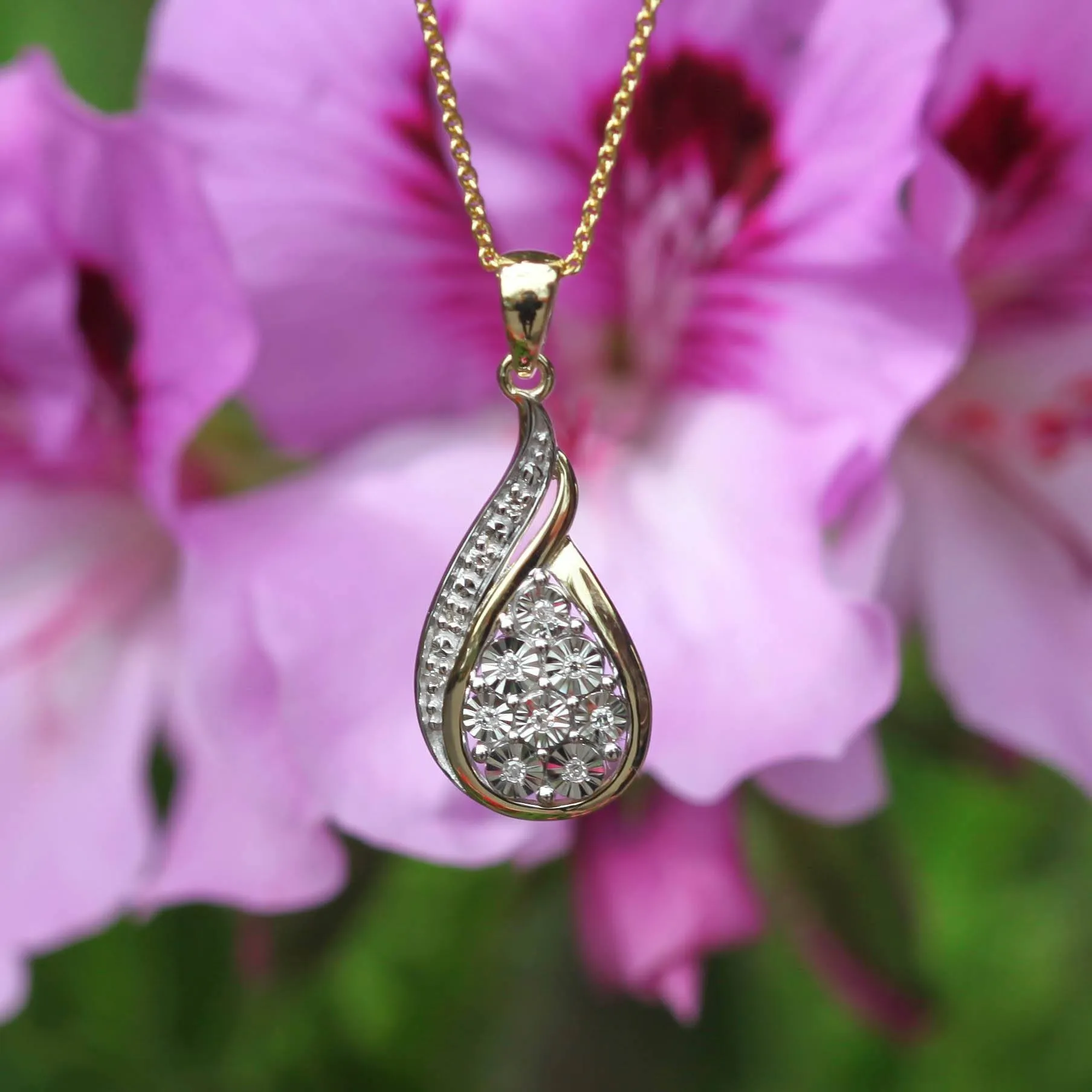 9ct Yellow and White Gold Diamond Pendant with Chain Shiels