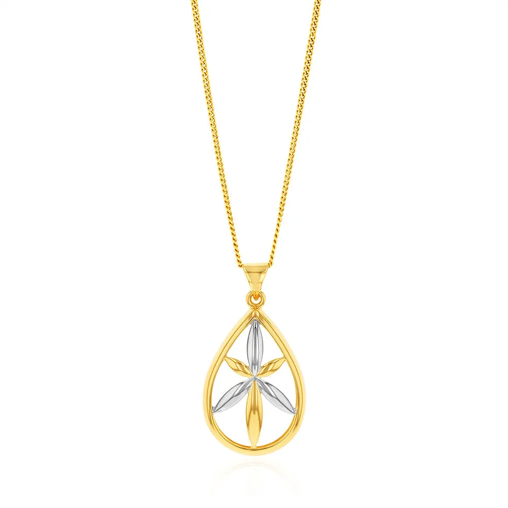 9ct Yellow And White Gold Flower In Pear Shape Pendant Shiels